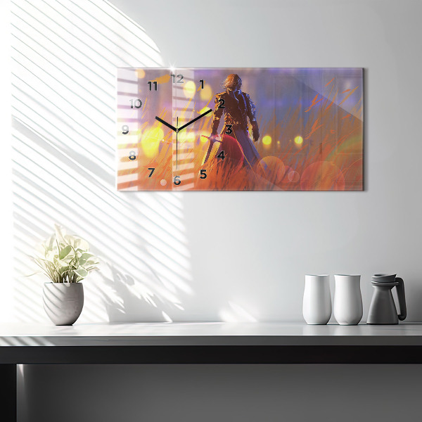 Glass wall clock rectangular Knight with a sword