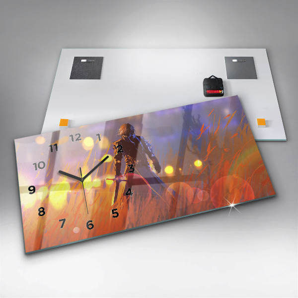 Glass wall clock rectangular Knight with a sword