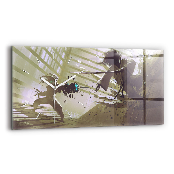 Glass wall clock rectangular Robot vs Samurai Fight