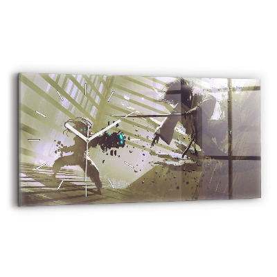 Glass wall clock rectangular Robot vs Samurai Fight