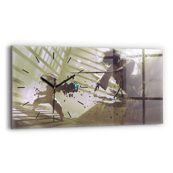 Glass wall clock rectangular Robot vs Samurai Fight