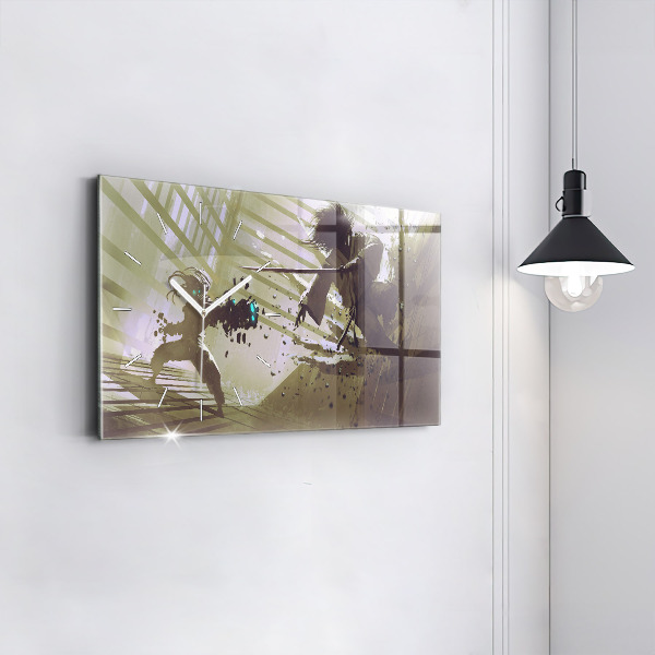 Glass wall clock rectangular Robot vs Samurai Fight