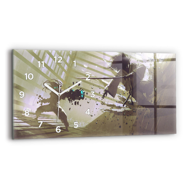 Glass wall clock rectangular Robot vs Samurai Fight