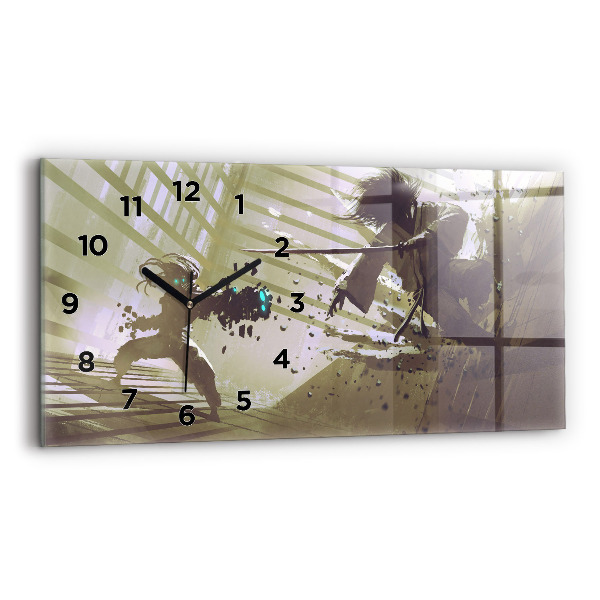 Glass wall clock rectangular Robot vs Samurai Fight