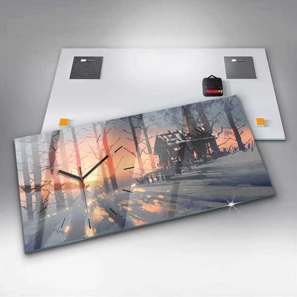 Glass wall clock rectangular Winter Tree Landscape