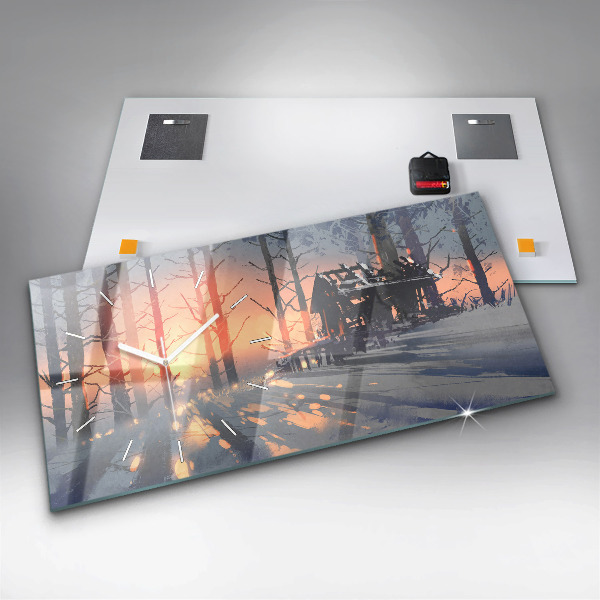 Glass wall clock rectangular Winter Tree Landscape