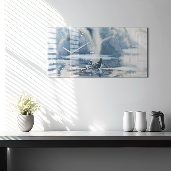 Glass wall clock rectangular Fisherman on the lake