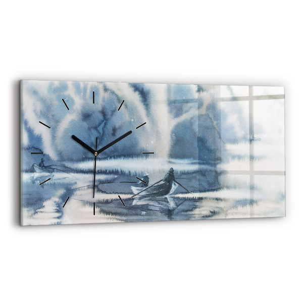Glass wall clock rectangular Fisherman on the lake