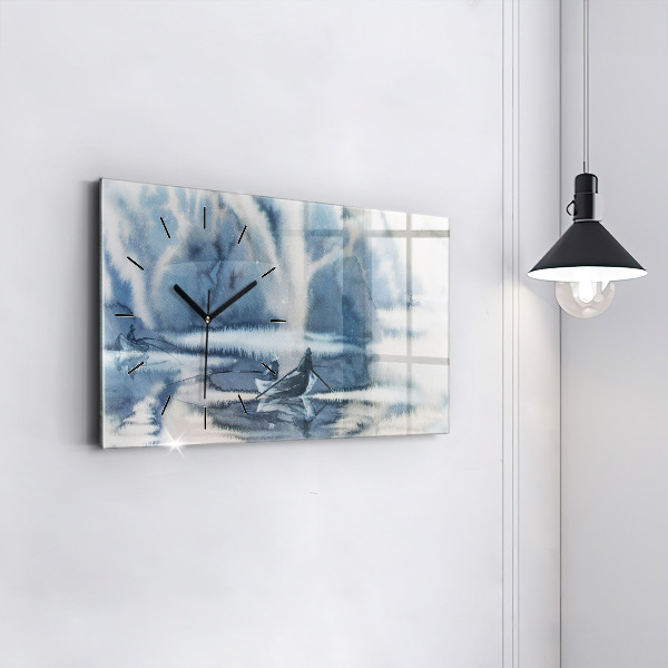Glass wall clock rectangular Fisherman on the lake