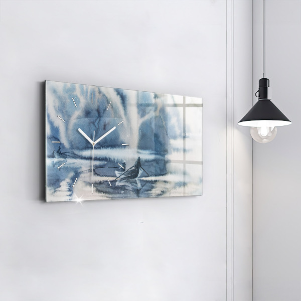 Glass wall clock rectangular Fisherman on the lake