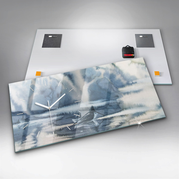 Glass wall clock rectangular Fisherman on the lake