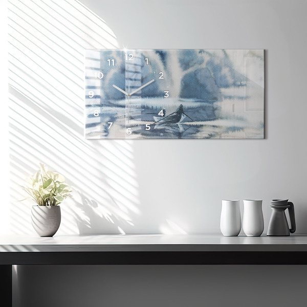 Glass wall clock rectangular Fisherman on the lake