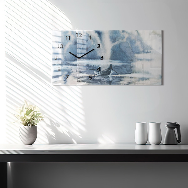 Glass wall clock rectangular Fisherman on the lake