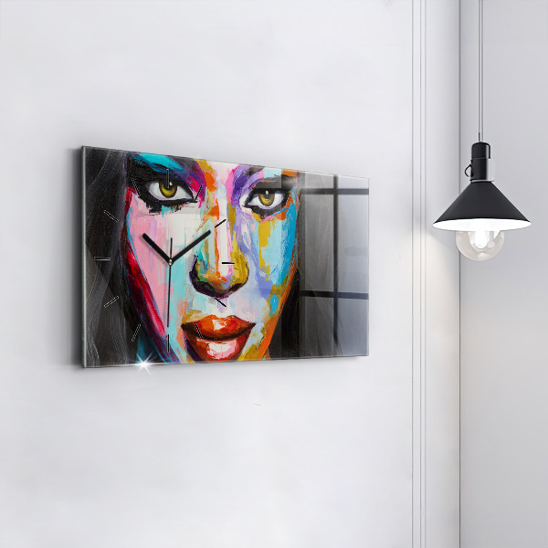 Glass wall clock rectangular Colorful Woman's Face