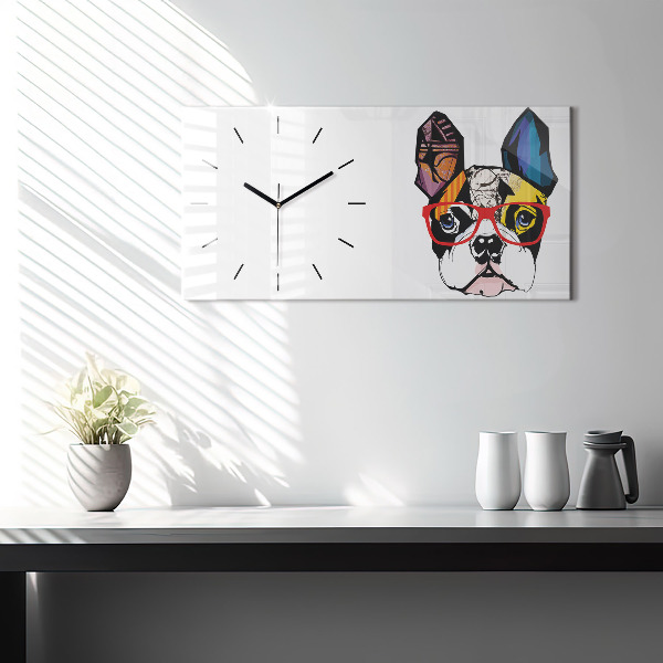 Glass wall clock rectangular French bulldog with glasses
