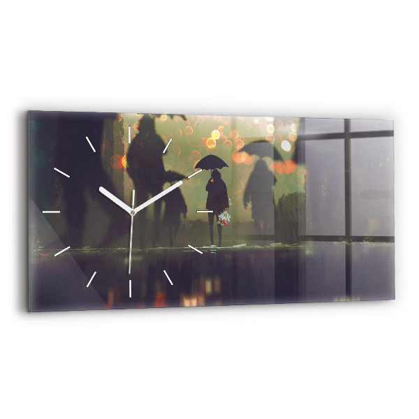 Glass wall clock rectangular People with umbrellas