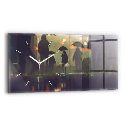 Glass wall clock rectangular People with umbrellas