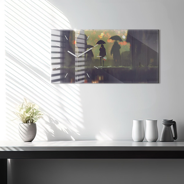 Glass wall clock rectangular People with umbrellas