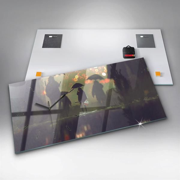 Glass wall clock rectangular People with umbrellas