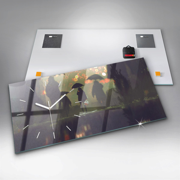 Glass wall clock rectangular People with umbrellas