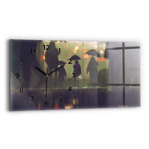Glass wall clock rectangular People with umbrellas
