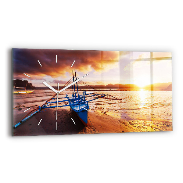 Glass wall clock rectangular Boat and sunset