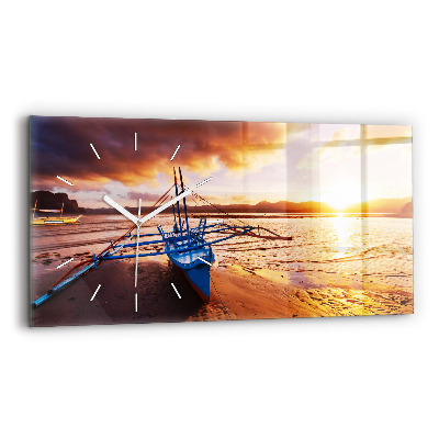 Glass wall clock rectangular Boat and sunset