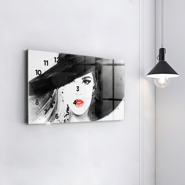 Glass wall clock rectangular Woman in a hat