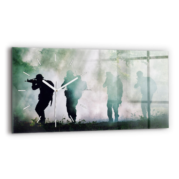 Glass wall clock rectangular Army in the forest soldiers