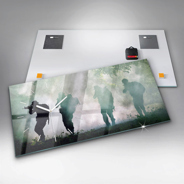 Glass wall clock rectangular Army in the forest soldiers