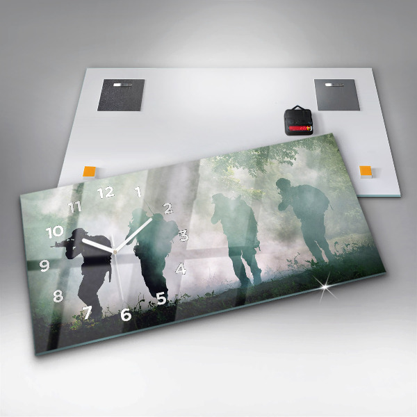 Glass wall clock rectangular Army in the forest soldiers
