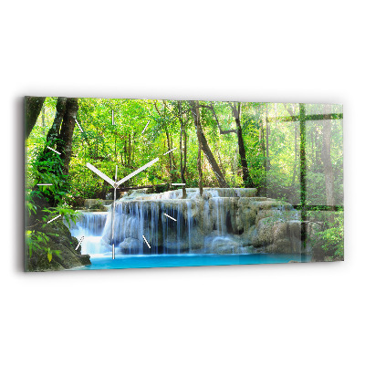 Glass wall clock rectangular Waterfall in the forest