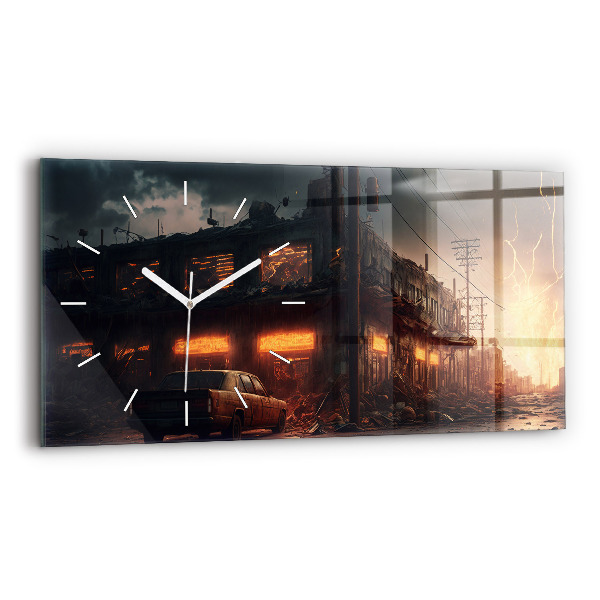 Glass wall clock rectangular Apocalyptic building