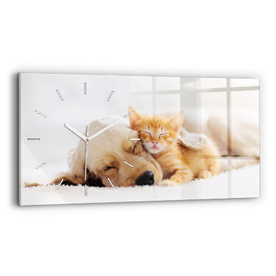 Glass wall clock rectangular Sleeping cat and dog