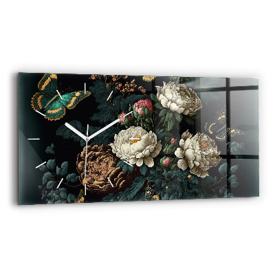 Glass wall clock rectangular Flower and golden butterflies