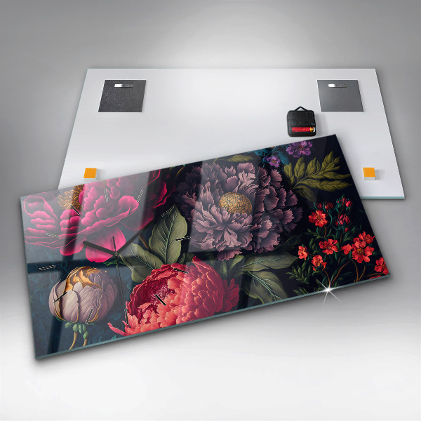 Glass wall clock rectangular Vintage flower bouquet