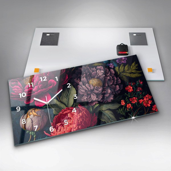Glass wall clock rectangular Vintage flower bouquet
