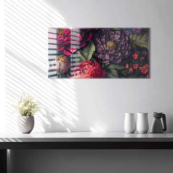 Glass wall clock rectangular Vintage flower bouquet
