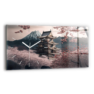 Glass wall clock rectangular Asian Tower Cherry Blossoms