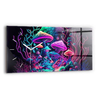 Glass wall clock rectangular Neon Mushrooms