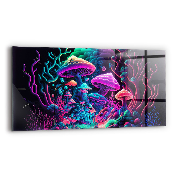 Glass wall clock rectangular Neon Mushrooms