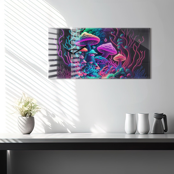 Glass wall clock rectangular Neon Mushrooms