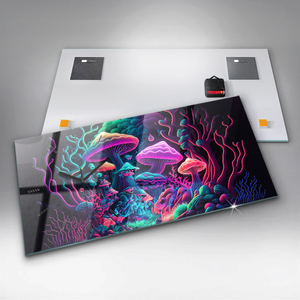 Glass wall clock rectangular Neon Mushrooms