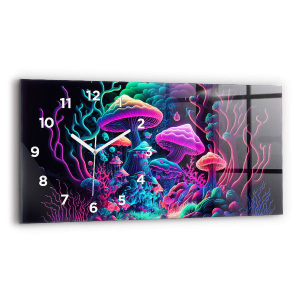 Glass wall clock rectangular Neon Mushrooms