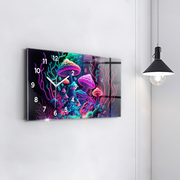 Glass wall clock rectangular Neon Mushrooms