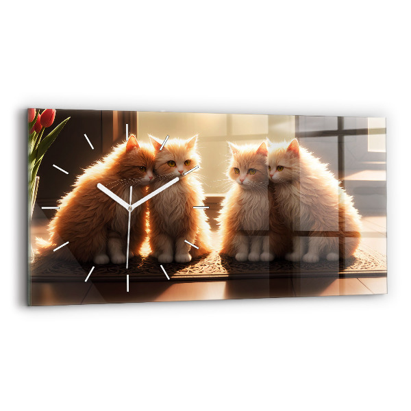 Glass wall clock rectangular Four Kittens in the Sun