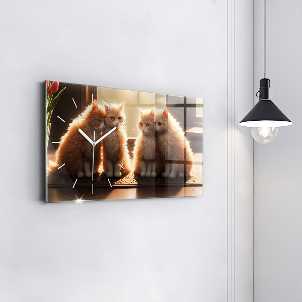 Glass wall clock rectangular Four Kittens in the Sun