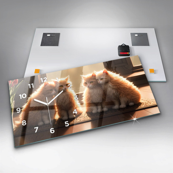 Glass wall clock rectangular Four Kittens in the Sun