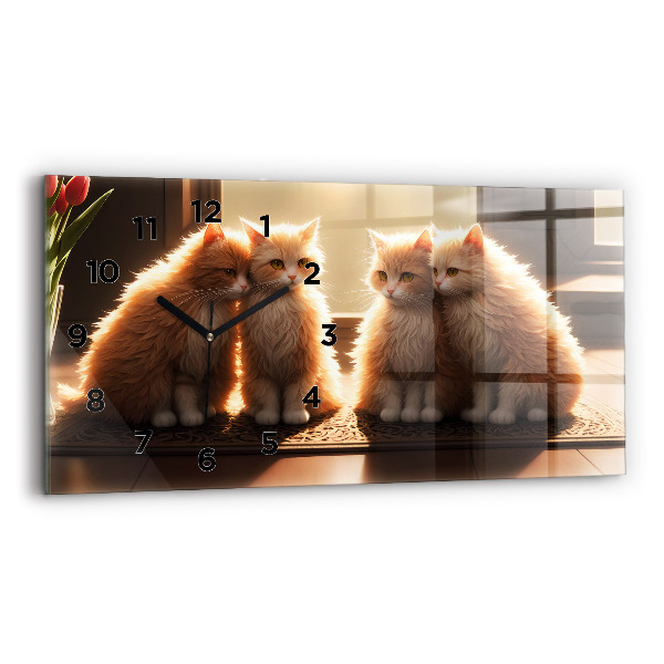 Glass wall clock rectangular Four Kittens in the Sun