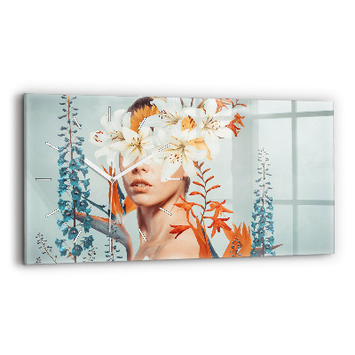 Glass wall clock rectangular Woman with flowers